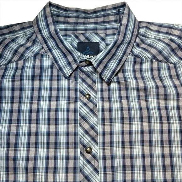 prAna Casual Short Sleeve Button Down Shirt Men's L Plaid Organic Cotton Blend - Picture 4 of 11